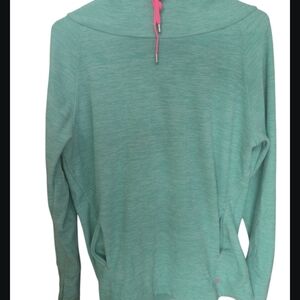 Lukka Aqua Hoodie with Pink Accents, pockets, thumb openings